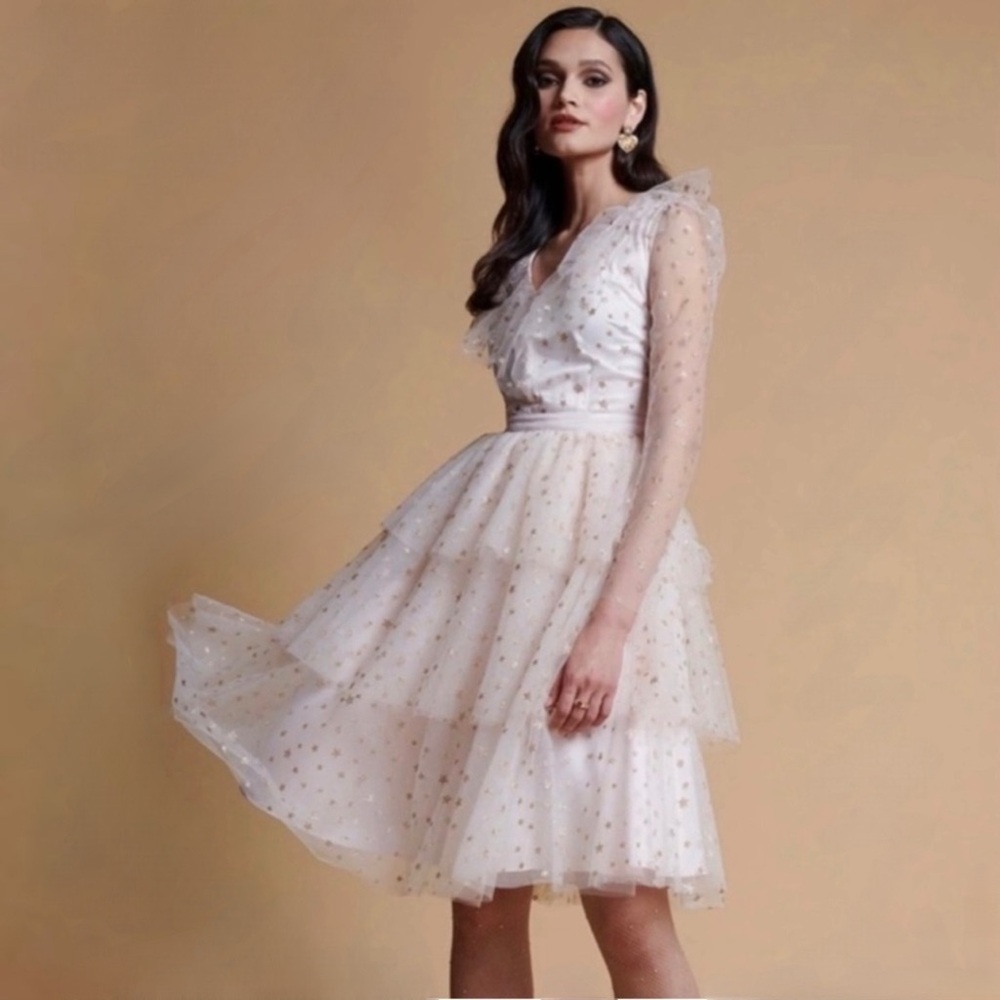 RACHEL PARCELL Glitter Star Long Sleeve Tulle Ruffled Dress